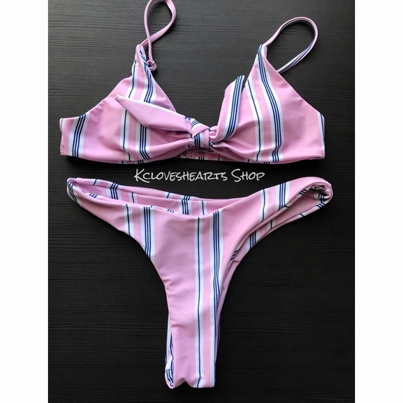 Pink Stripe Knot Printed Bikini Set - Picture 3 of 4